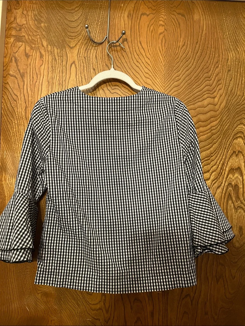 2 White House Black Market Black and White Gingham Bell Sleeve Top